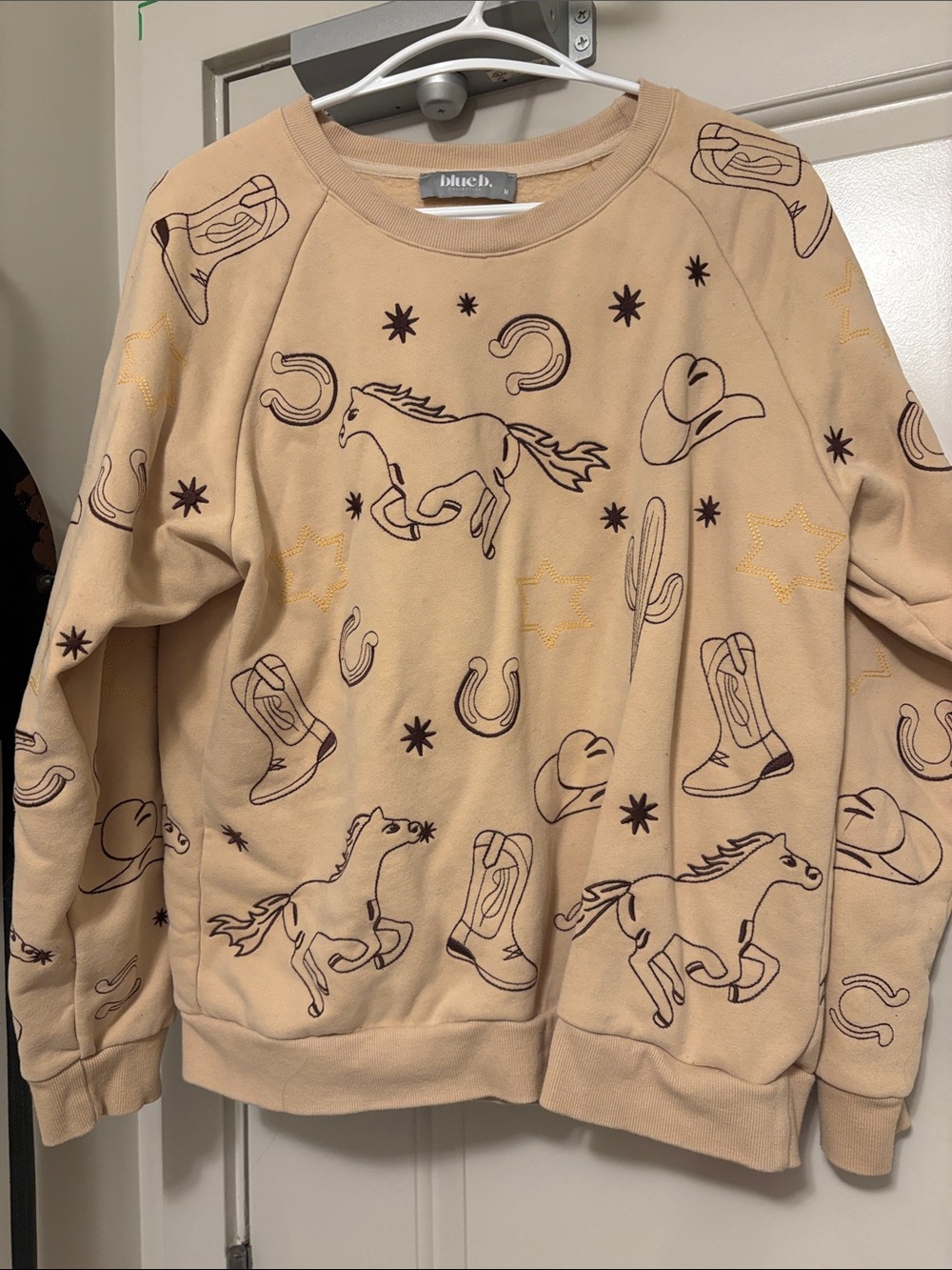 Beige Western Graphic Crewneck Sweatshirt - blue b embroidered